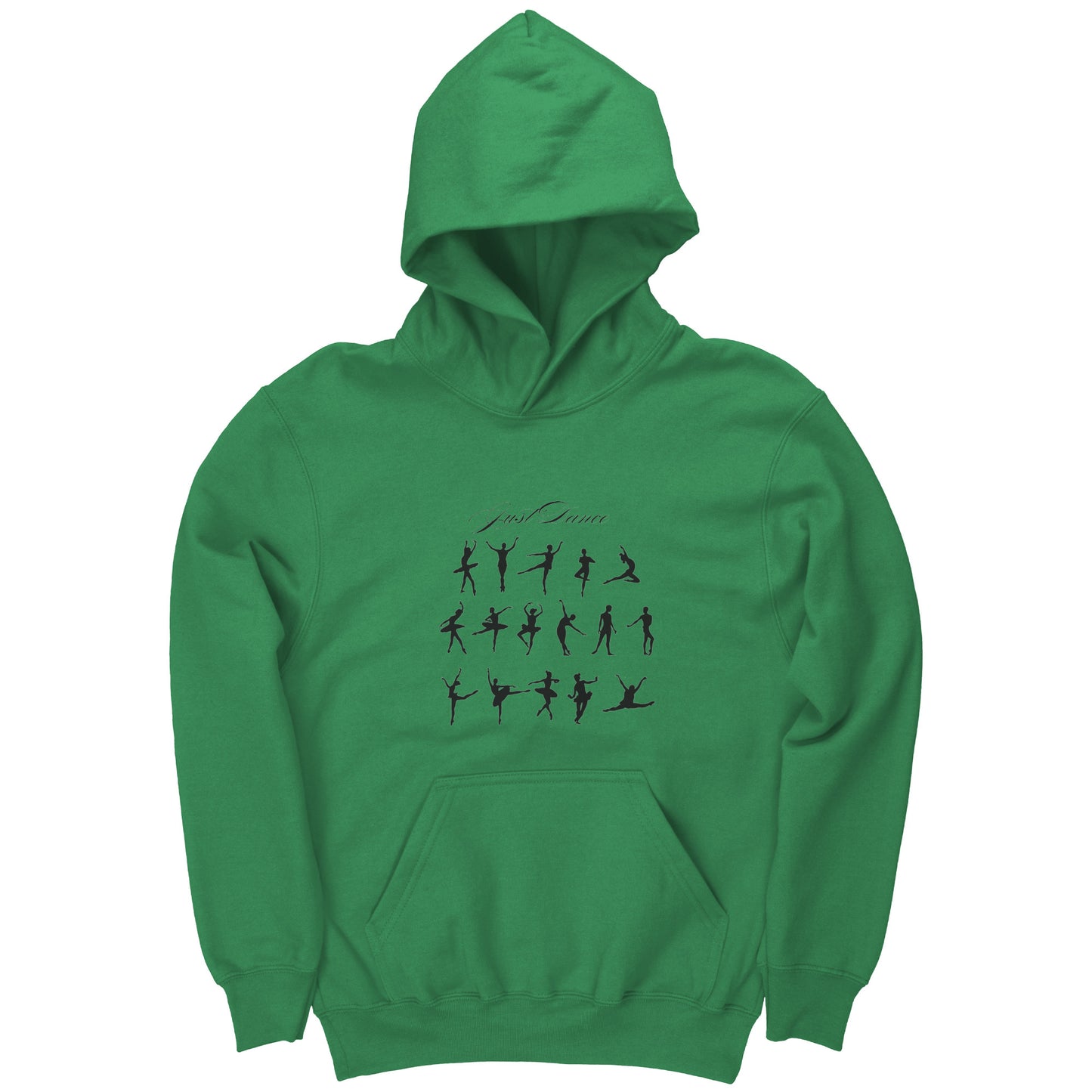 Irish Green colored Just Dance Children's Hoodie. The eye-catching design features silhouettes of different dance poses, with the phrase Just Dance.