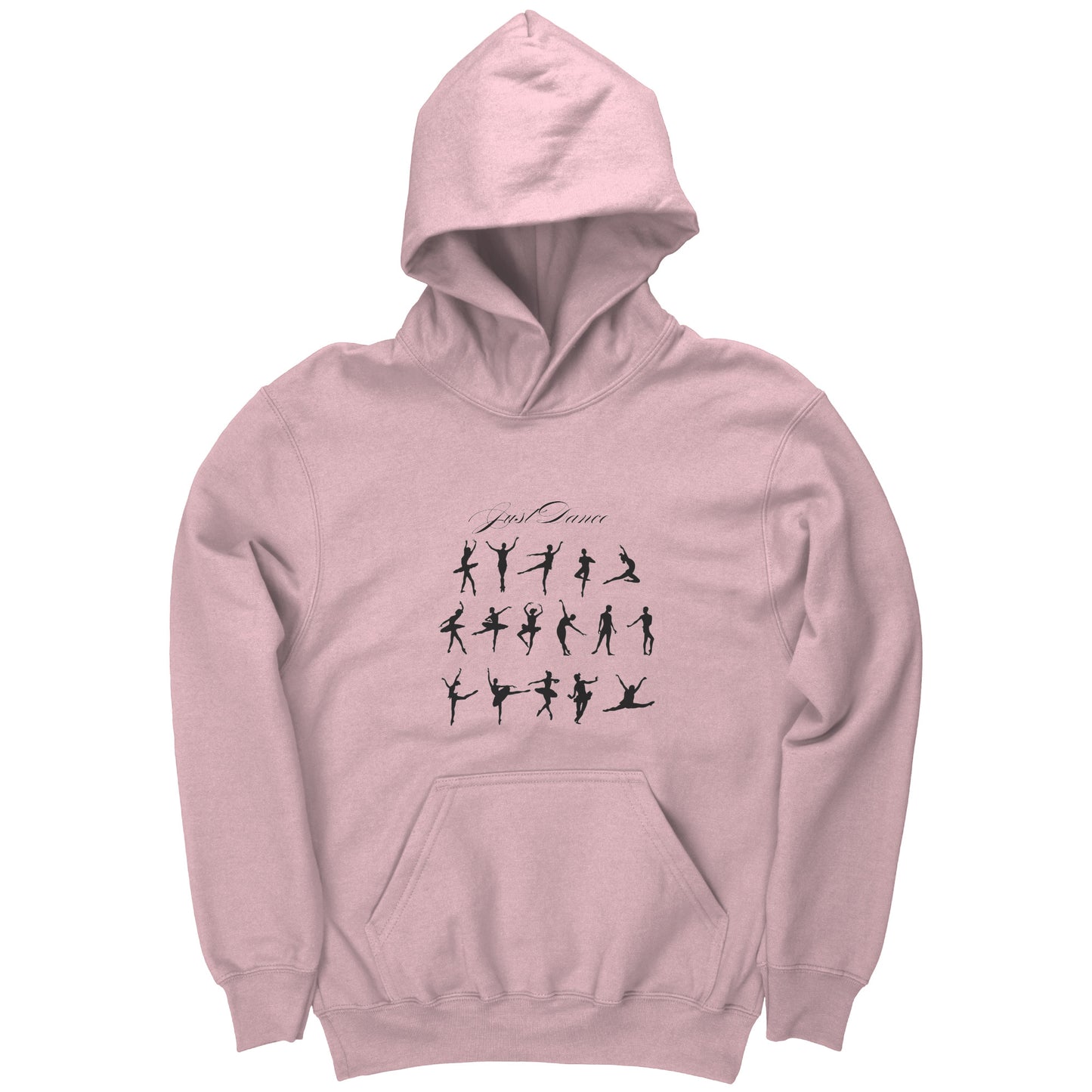 Light Pink colored Just Dance Children's Hoodie. The eye-catching design features silhouettes of different dance poses, with the phrase Just Dance.