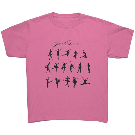 Azalea colored Just Dance Children's T-Shirt. The eye-catching design features silhouettes of different dance poses, with the phrase Just Dance.