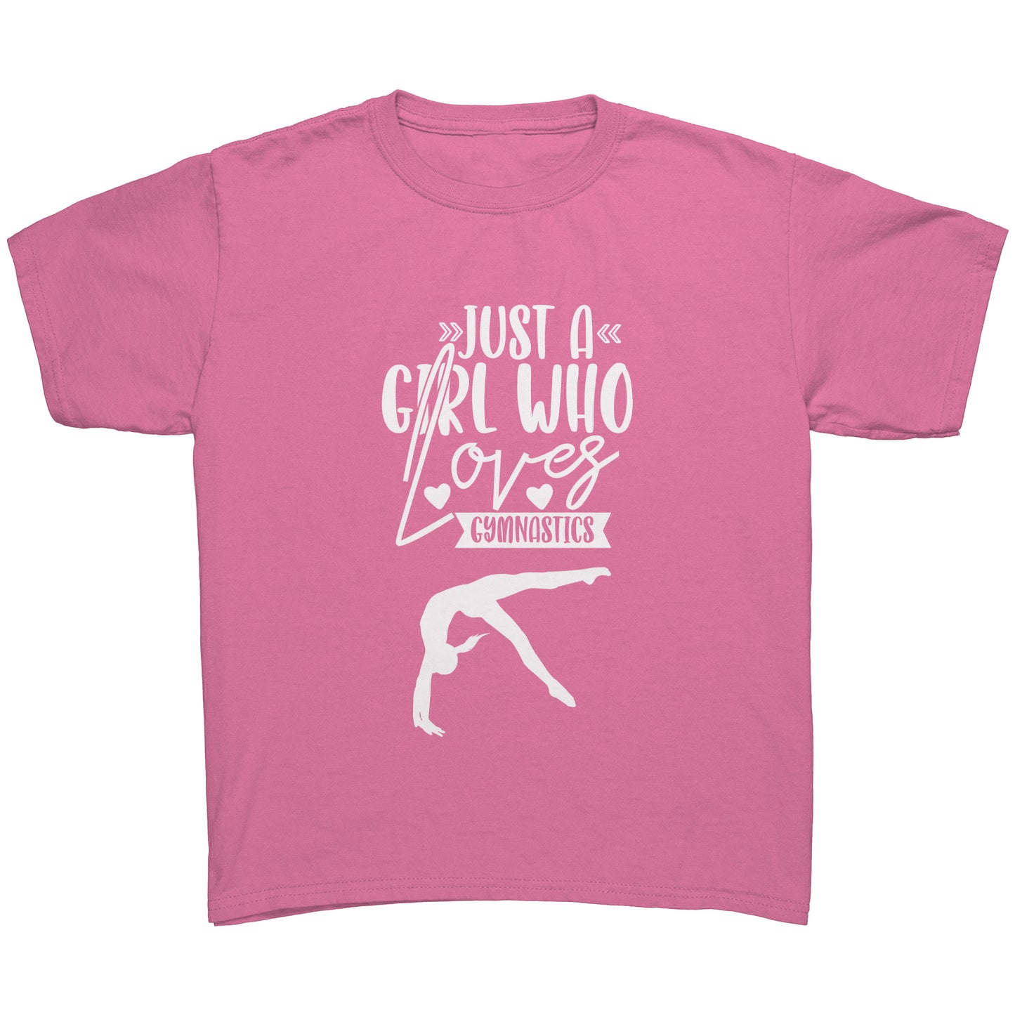 Azalea Colored Just a Girl Who Loves Gymnastics Children's T-Shirt with white text, features the phrase, just a girl who loves gymnastics along with two flipping gymnasts. 
