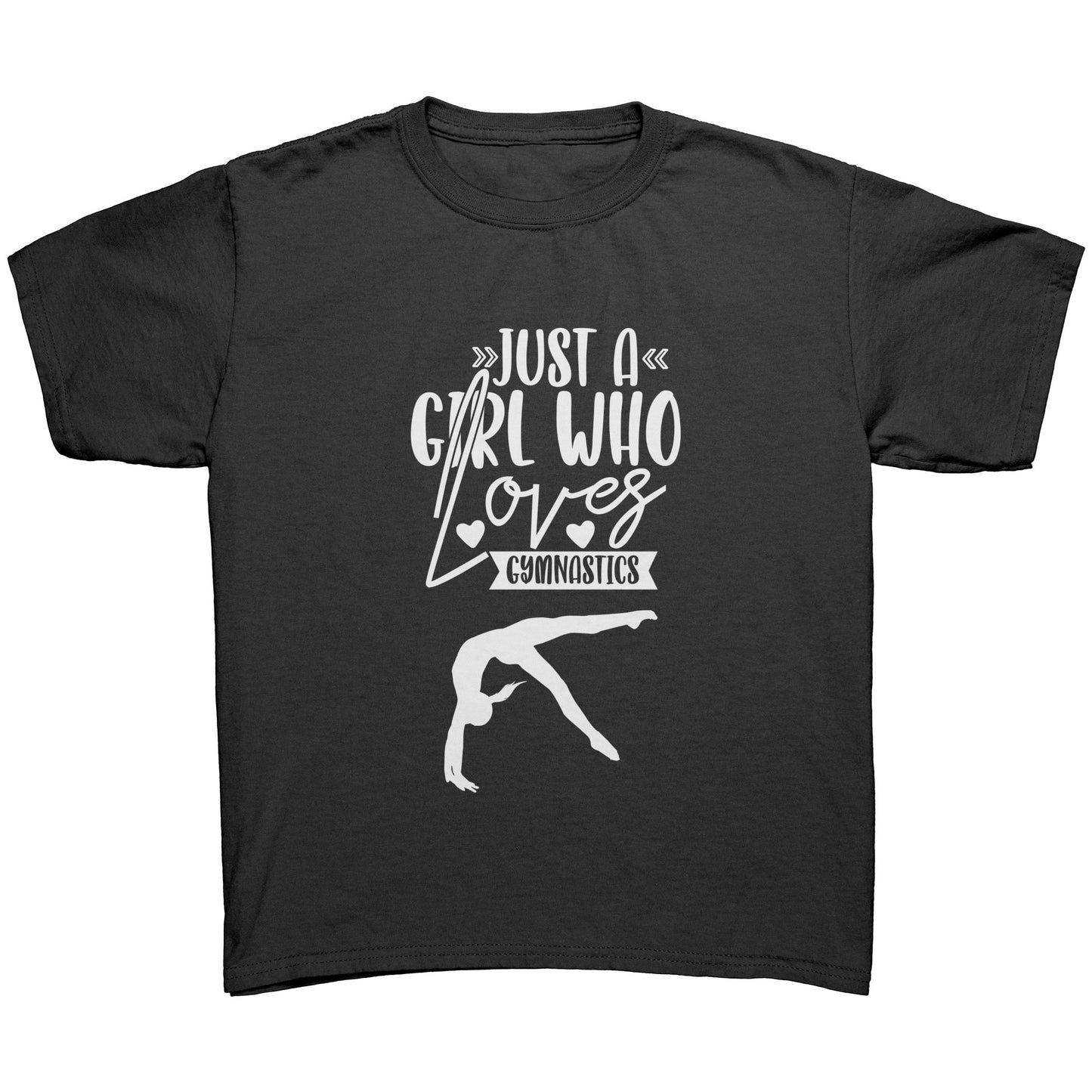 Black Colored Just a Girl Who Loves Gymnastics Children's T-Shirt with white text, features the phrase, just a girl who loves gymnastics along with two flipping gymnasts. 