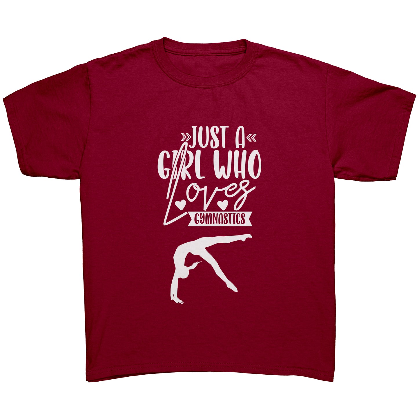 Cardinal Colored Just a Girl Who Loves Gymnastics Children's T-Shirt with white text, features the phrase, just a girl who loves gymnastics along with two flipping gymnasts. 