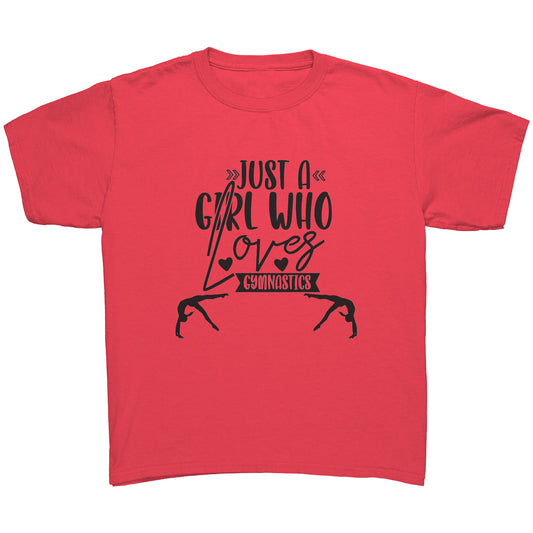 Coral Silk Colored Just a Girl Who Loves Gymnastics Children's T-Shirt, features the phrase, just a girl who loves gymnastics along with two flipping gymnasts. 