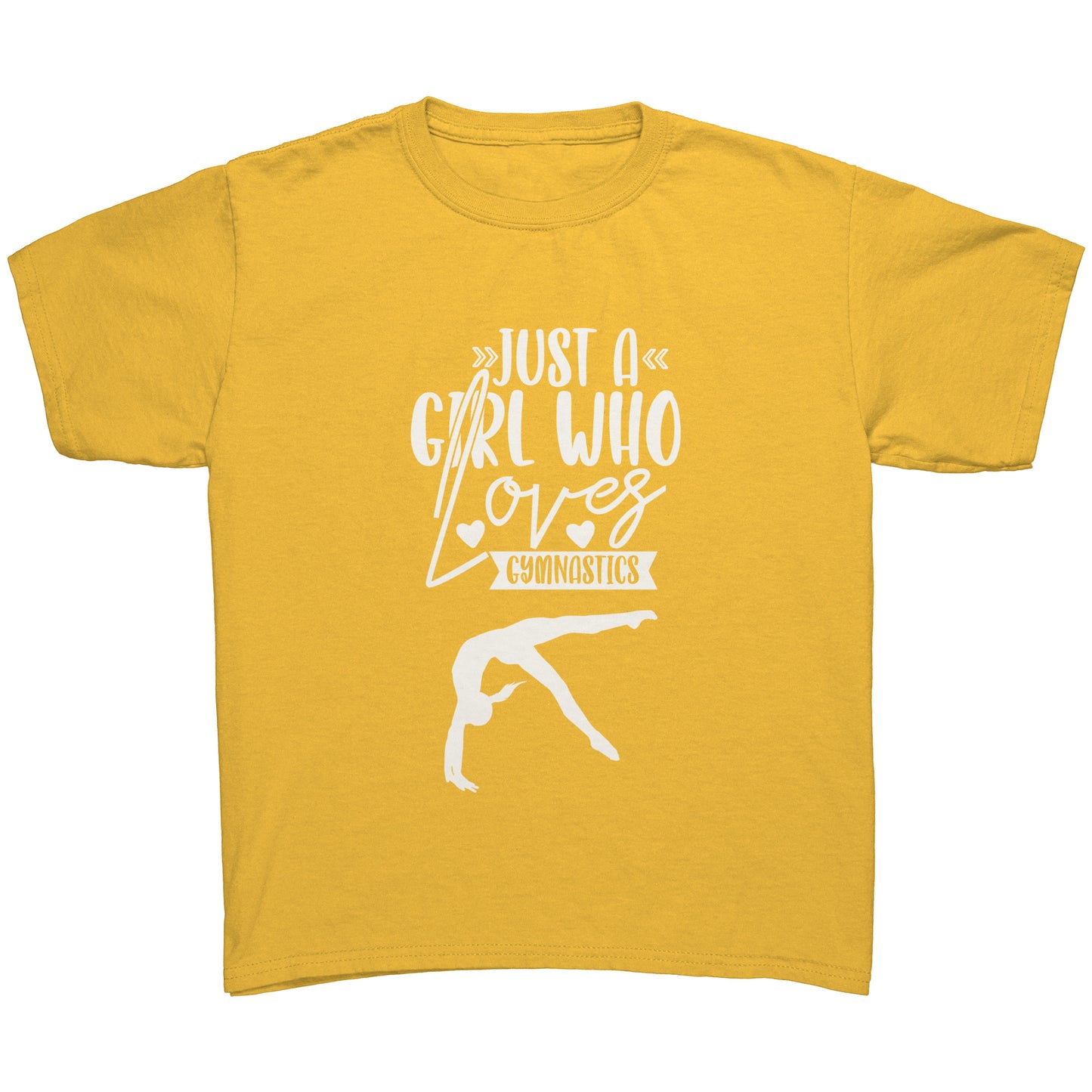 Daisy Colored Just a Girl Who Loves Gymnastics Children's T-Shirt with white text, features the phrase, just a girl who loves gymnastics along with two flipping gymnasts. 