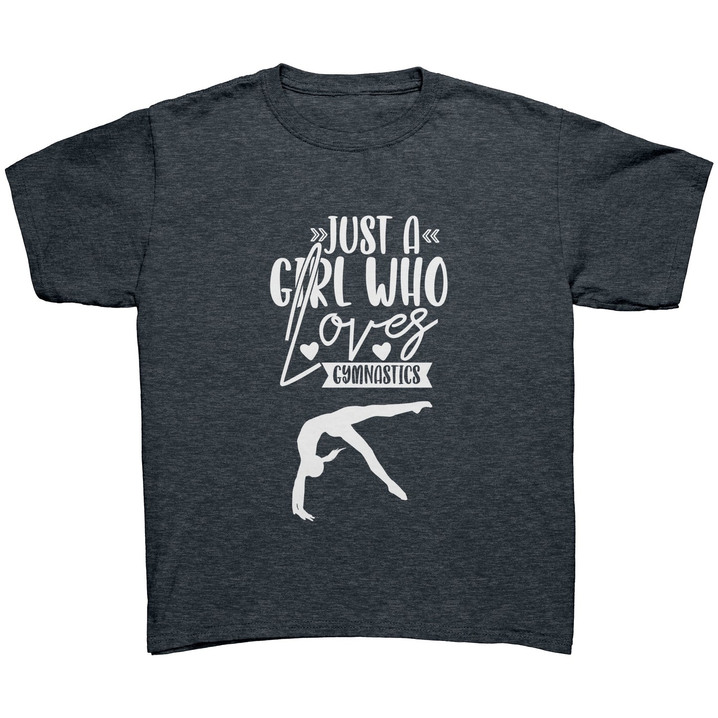 Heather Navy Colored Just a Girl Who Loves Gymnastics Children's T-Shirt with white text, features the phrase, just a girl who loves gymnastics along with two flipping gymnasts. 
