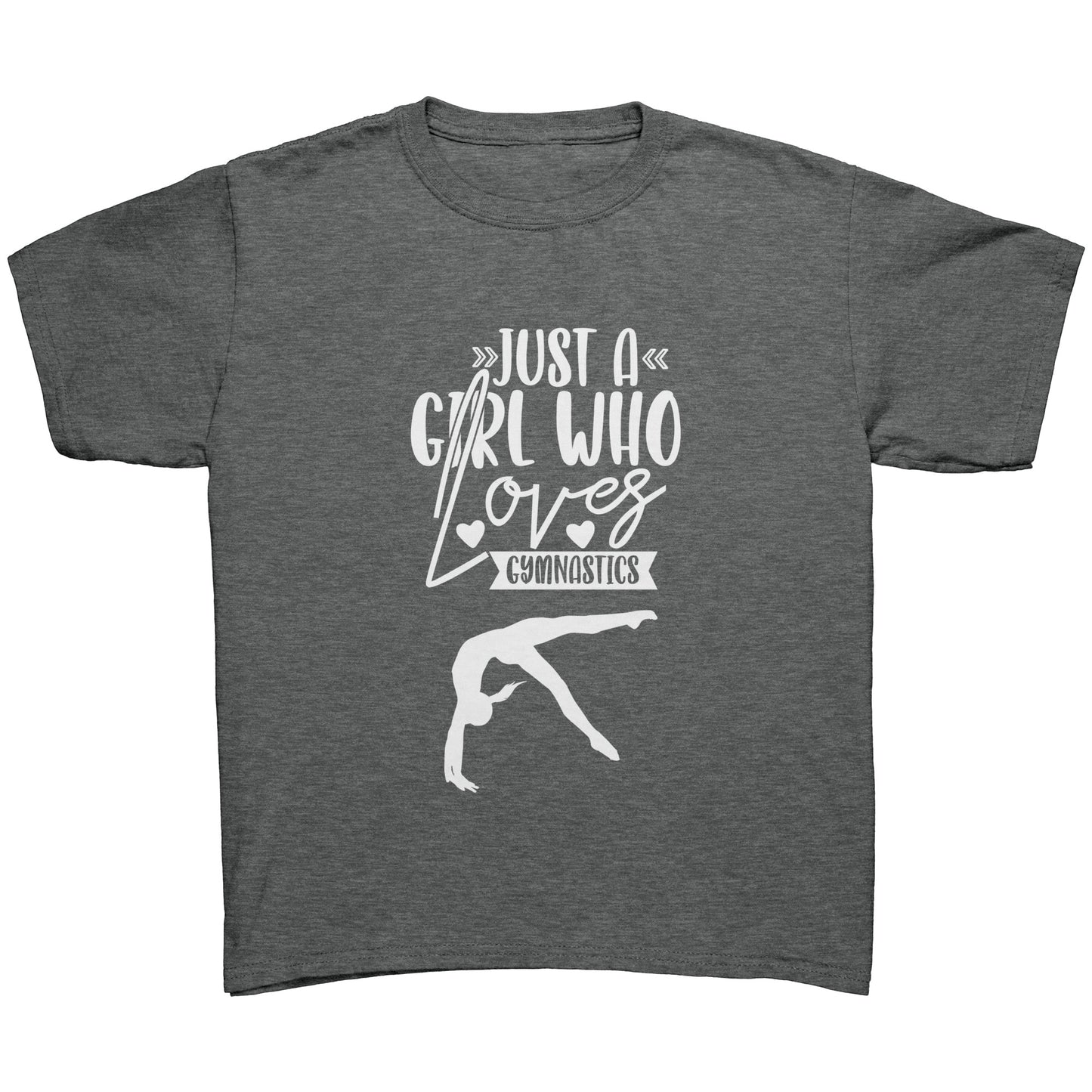 Charcoal Heather Colored Just a Girl Who Loves Gymnastics Children's T-Shirt with white text, features the phrase, just a girl who loves gymnastics along with two flipping gymnasts. 