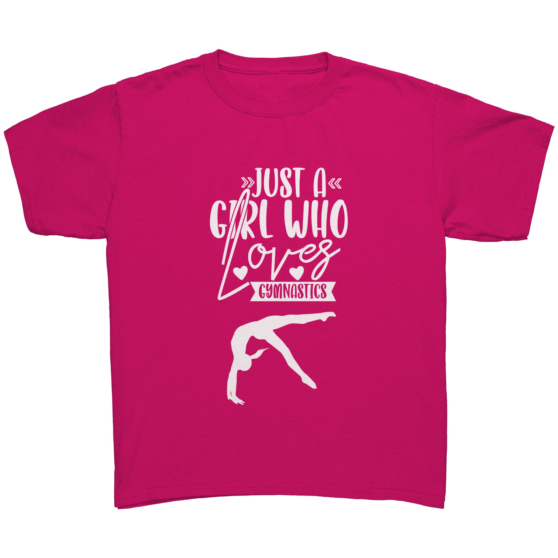 Heliconia Colored Just a Girl Who Loves Gymnastics Children's T-Shirt with white text, features the phrase, just a girl who loves gymnastics along with two flipping gymnasts. 