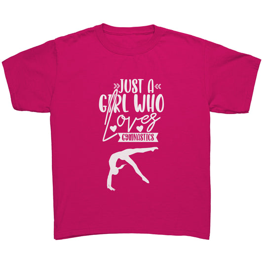 Heliconia Colored Just a Girl Who Loves Gymnastics Children's T-Shirt with white text, features the phrase, just a girl who loves gymnastics along with two flipping gymnasts. 