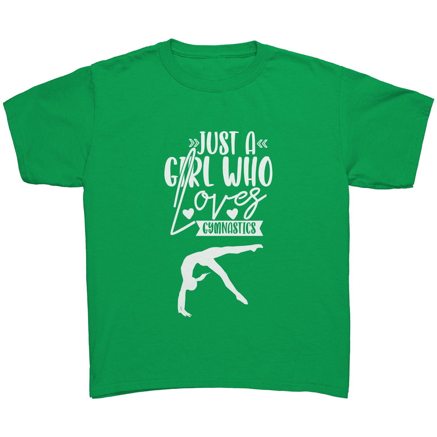 Lime Colored Just a Girl Who Loves Gymnastics Children's T-Shirt with white text, features the phrase, just a girl who loves gymnastics along with two flipping gymnasts. 