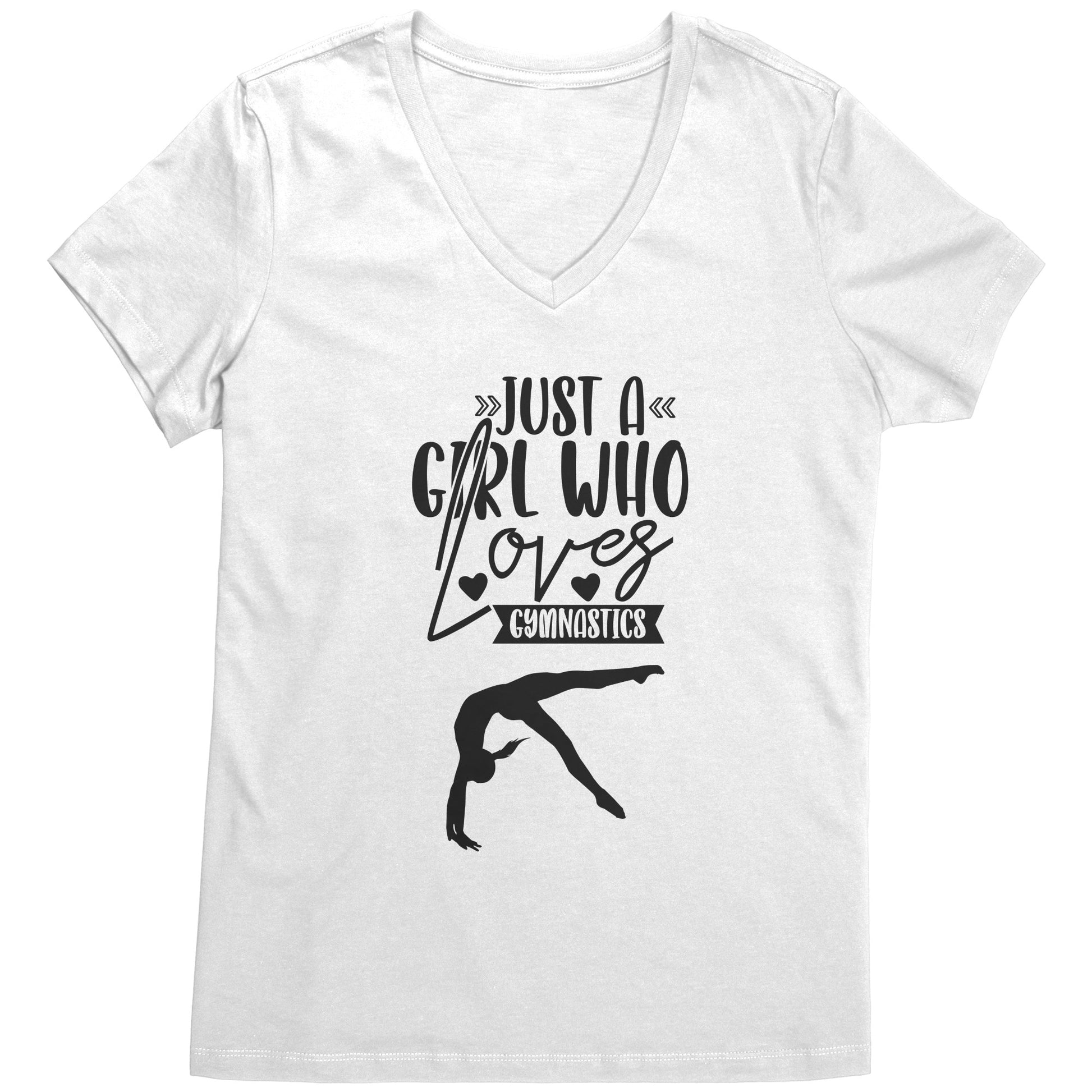 White Colored Just a Girl Who Loves Gymnastics Women's T-Shirt, features the phrase, just a girl who loves gymnastics along with two flipping gymnasts.
