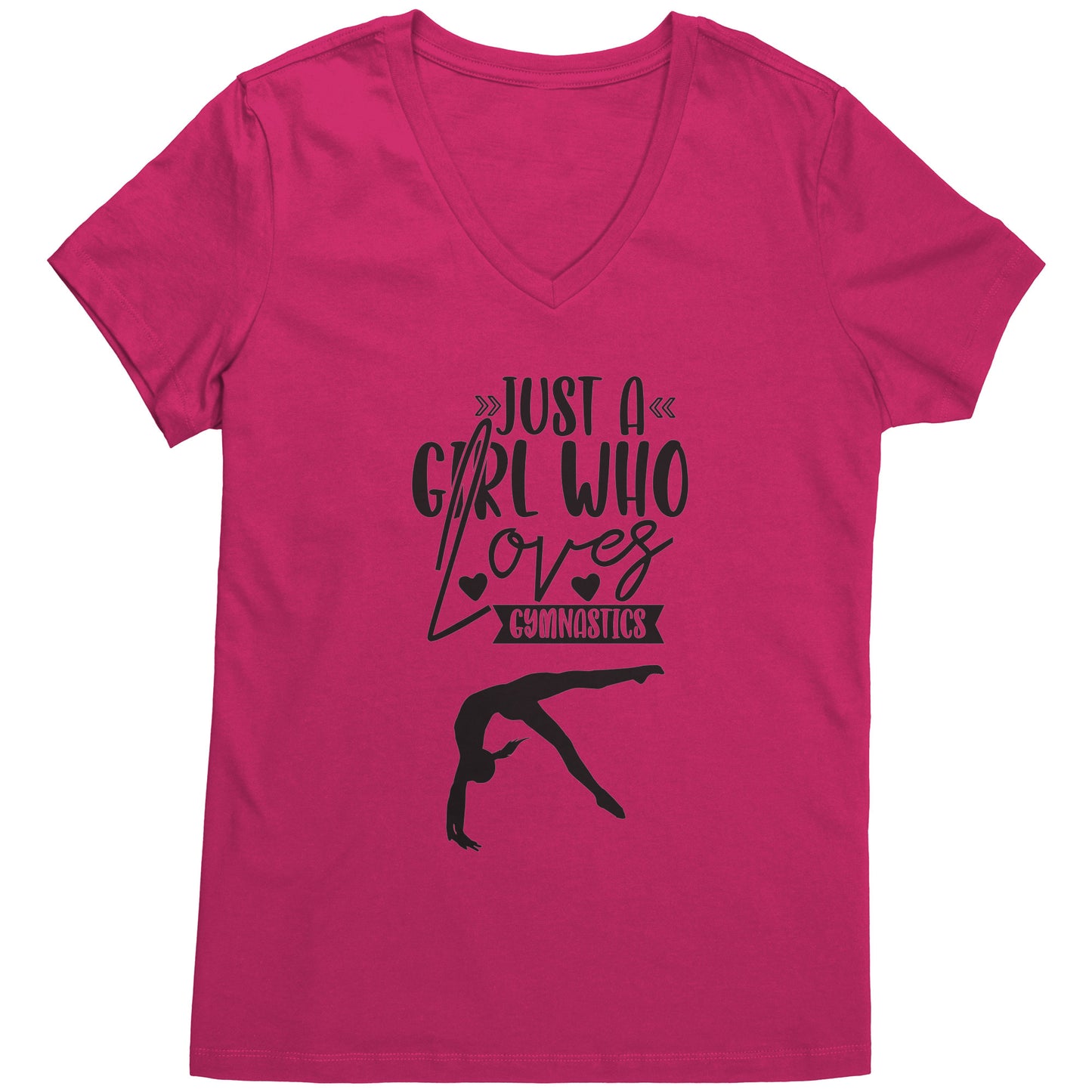 Fuchsia Colored Just a Girl Who Loves Gymnastics Women's T-Shirt, features the phrase, just a girl who loves gymnastics along with two flipping gymnasts.