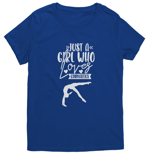 Royal Colored Just a Girl Who Loves Gymnastics Women's T-Shirt with white font, features the phrase, just a girl who loves gymnastics along with two flipping gymnasts.