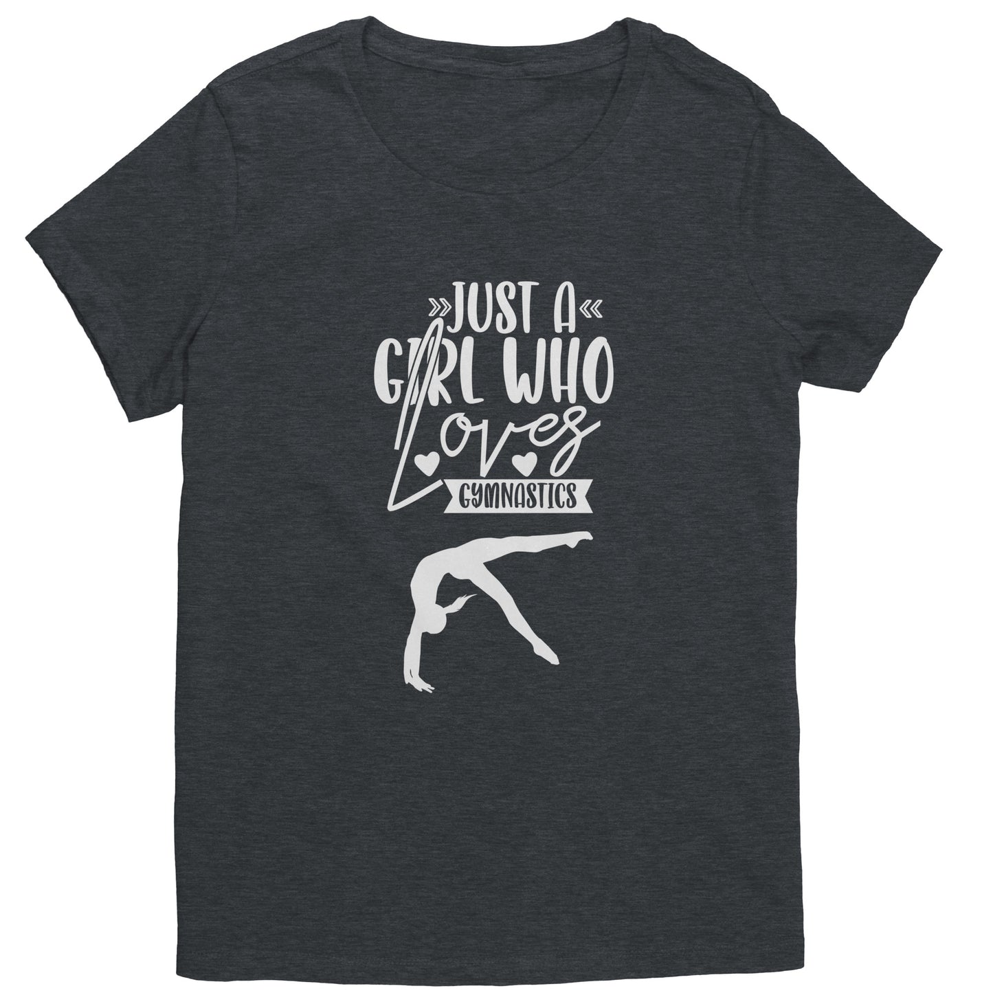 Heathered Charcoal Colored Just a Girl Who Loves Gymnastics Women's T-Shirt with white font, features the phrase, just a girl who loves gymnastics along with two flipping gymnasts.
