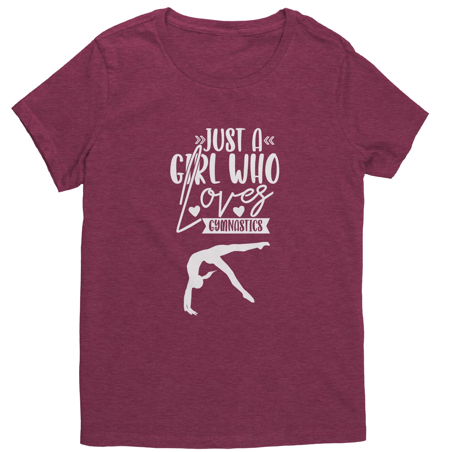 Heathered Loganberry Colored Just a Girl Who Loves Gymnastics Women's T-Shirt with white font, features the phrase, just a girl who loves gymnastics along with two flipping gymnasts. 