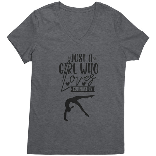 Heather Grey Colored Just a Girl Who Loves Gymnastics Women's T-Shirt, features the phrase, just a girl who loves gymnastics along with two flipping gymnasts.