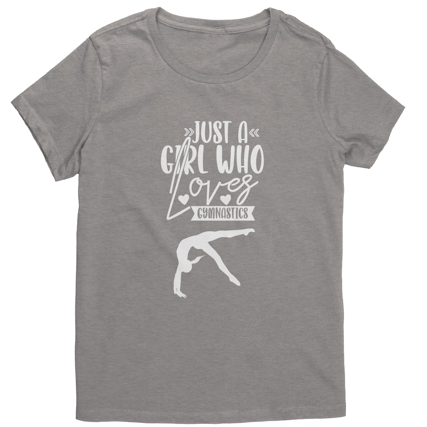 Steel Colored Just a Girl Who Loves Gymnastics Women's T-Shirt with white font, features the phrase, just a girl who loves gymnastics along with two flipping gymnasts.