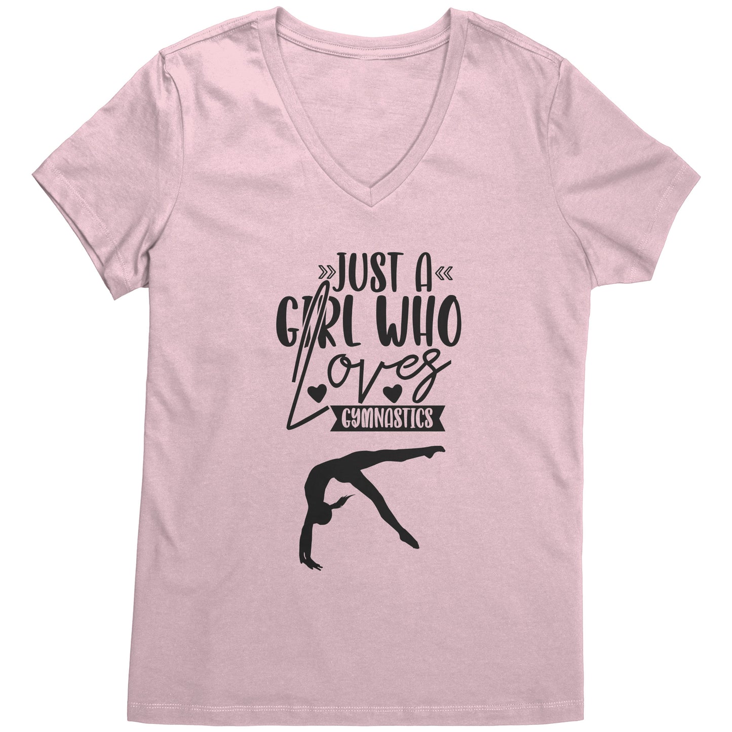 Light Pink Colored Just a Girl Who Loves Gymnastics Women's T-Shirt, features the phrase, just a girl who loves gymnastics along with two flipping gymnasts.