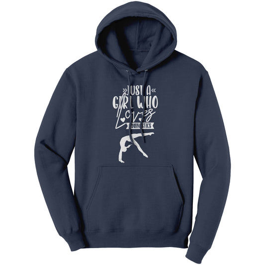 Navy Colored Just a Girl Who Loves Gymnastics Women's Hoodie, features the phrase, just a girl who loves gymnastics along with two flipping gymnasts in white text