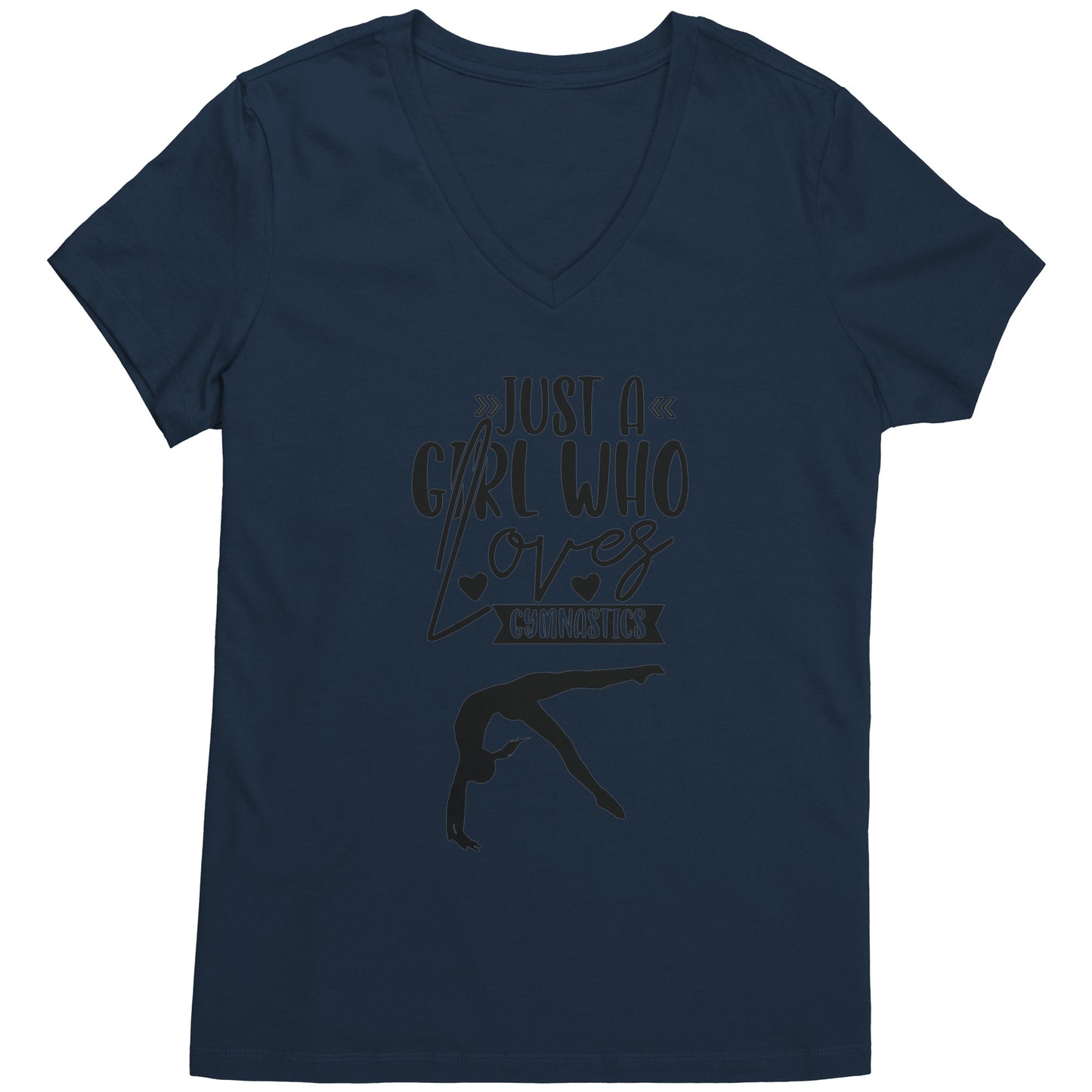 Navy Colored Just a Girl Who Loves Gymnastics Women's T-Shirt, features the phrase, just a girl who loves gymnastics along with two flipping gymnasts.