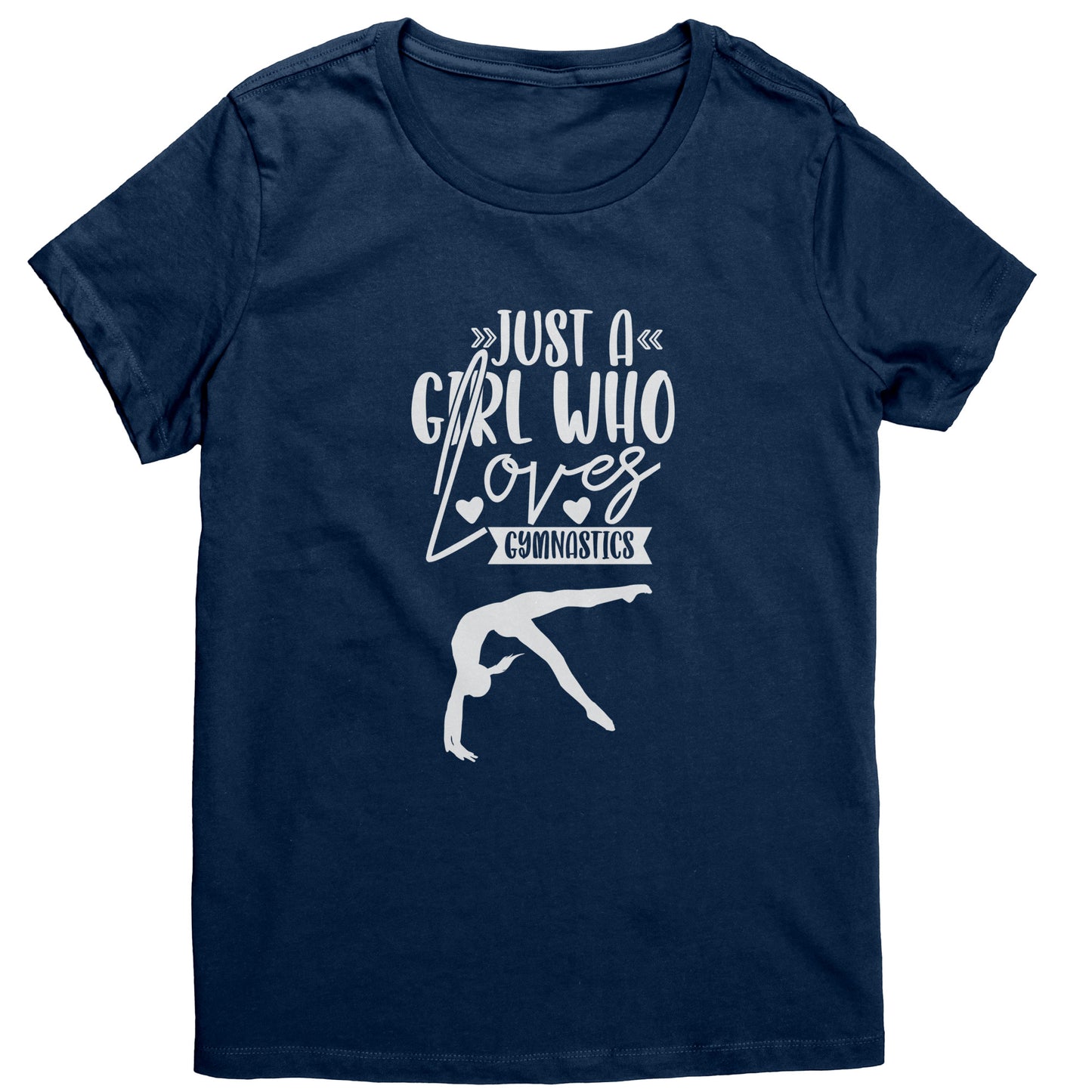 New Navy Colored Just a Girl Who Loves Gymnastics Women's T-Shirt with white font, features the phrase, just a girl who loves gymnastics along with two flipping gymnasts.