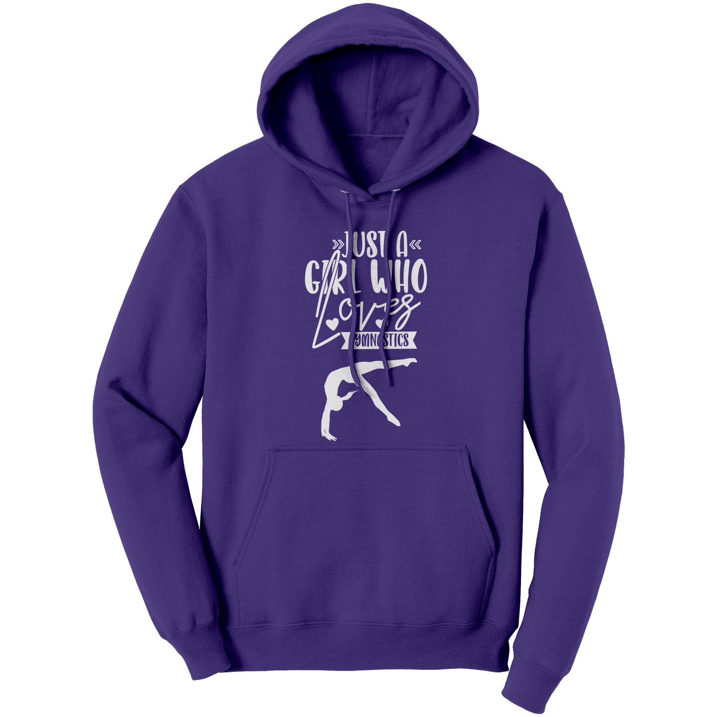 Purple Colored Just a Girl Who Loves Gymnastics Women's Hoodie, features the phrase, just a girl who loves gymnastics along with two flipping gymnasts in white 
