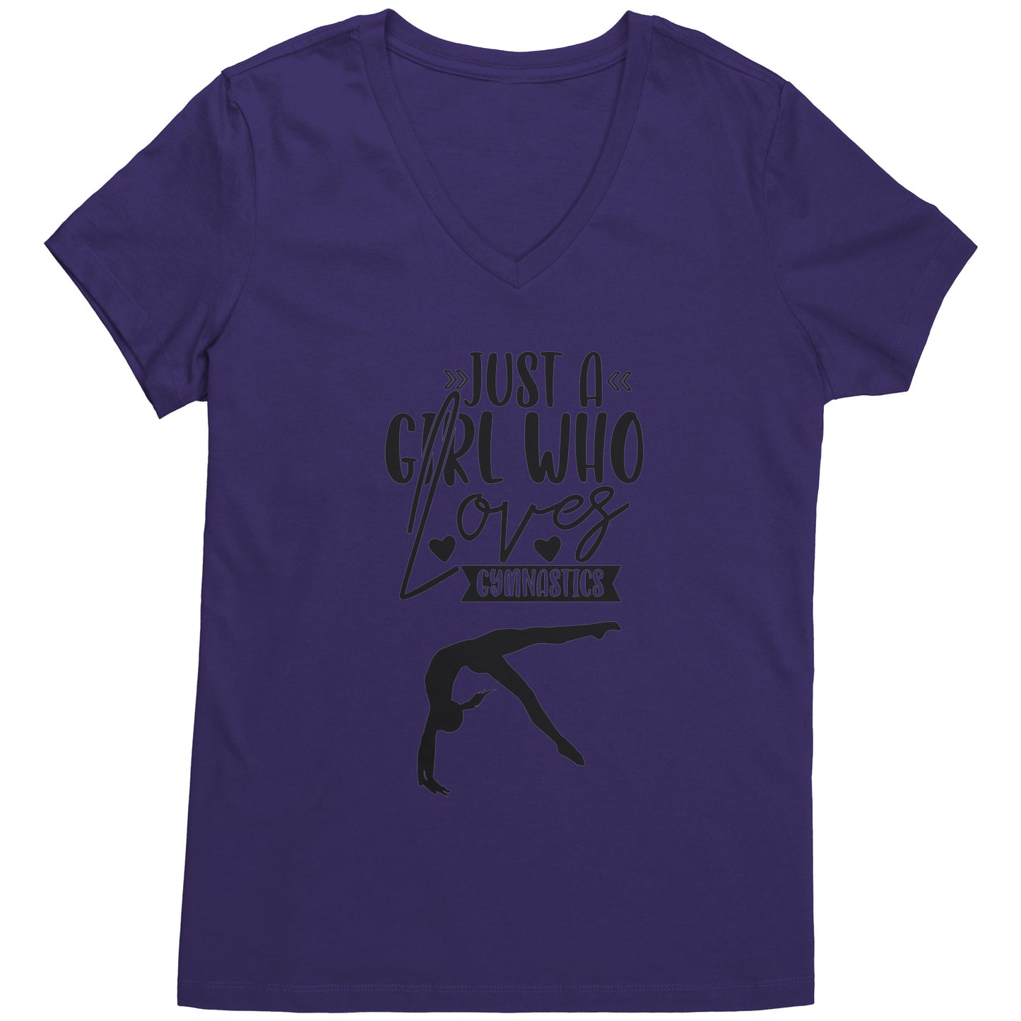 Purple Colored Just a Girl Who Loves Gymnastics Women's T-Shirt, features the phrase, just a girl who loves gymnastics along with two flipping gymnasts.