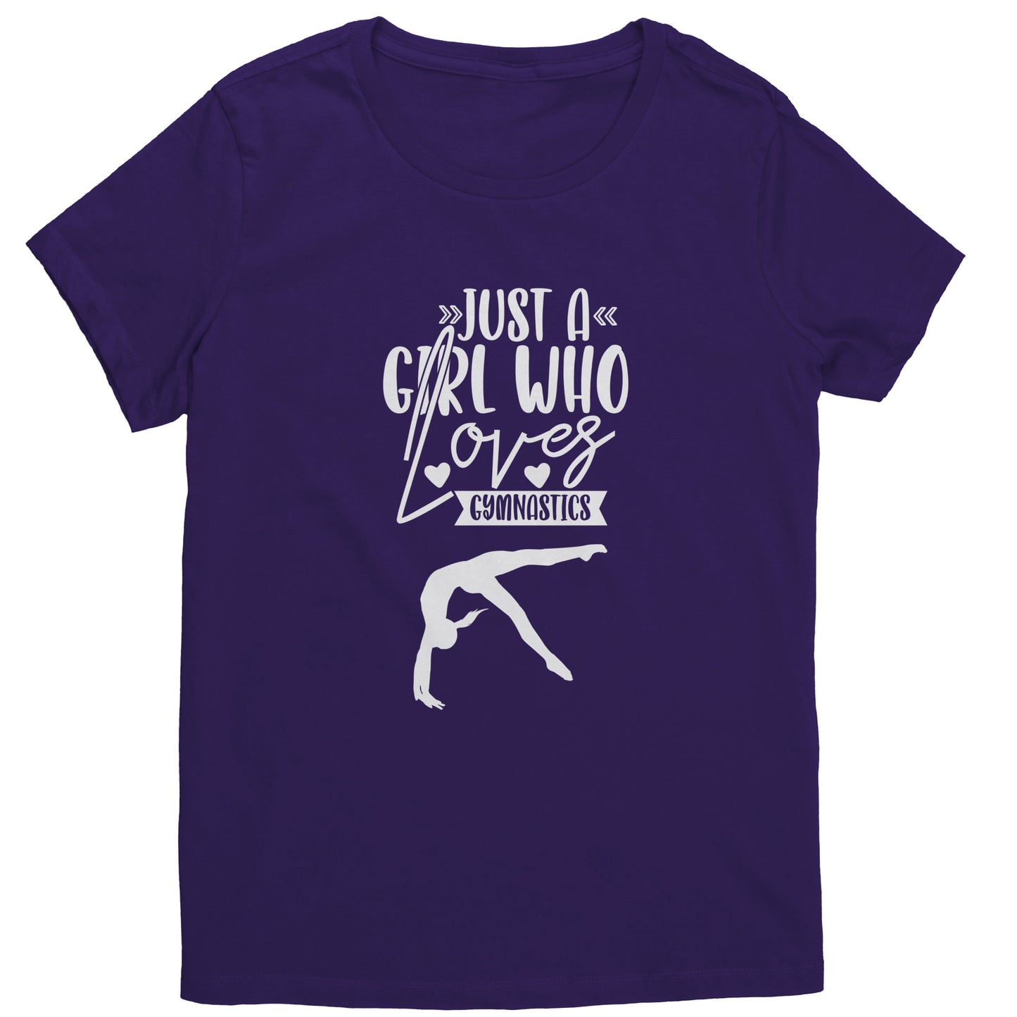 Purple Colored Just a Girl Who Loves Gymnastics Women's T-Shirt with white font, features the phrase, just a girl who loves gymnastics along with two flipping gymnasts.