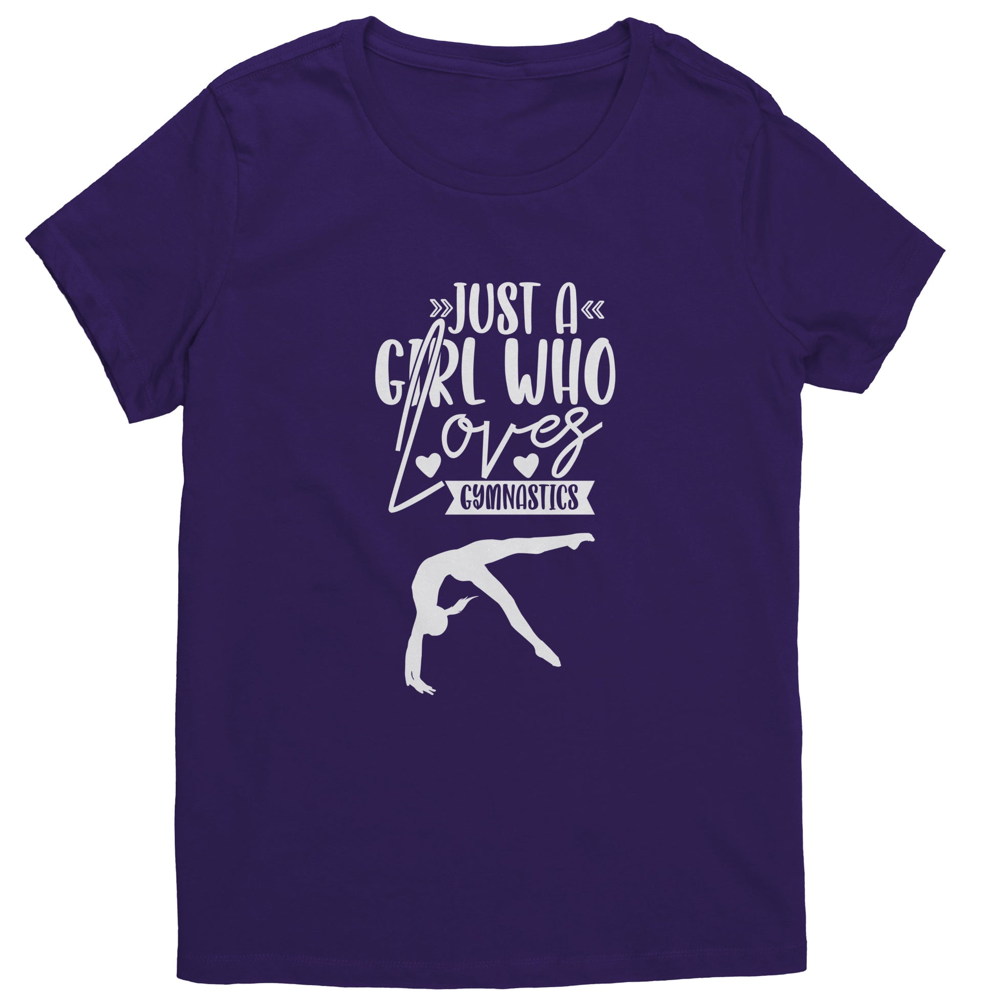 Purple Colored Just a Girl Who Loves Gymnastics Women's T-Shirt with white font, features the phrase, just a girl who loves gymnastics along with two flipping gymnasts.