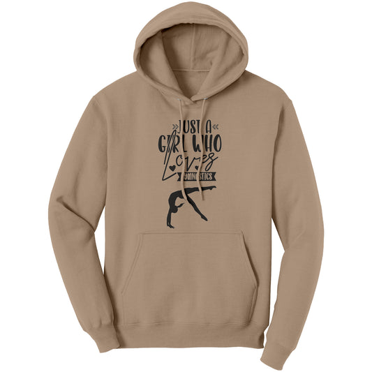 Sand Colored Just a Girl Who Loves Gymnastics Women's Hoodie, features the phrase, just a girl who loves gymnastics along with two flipping gymnasts