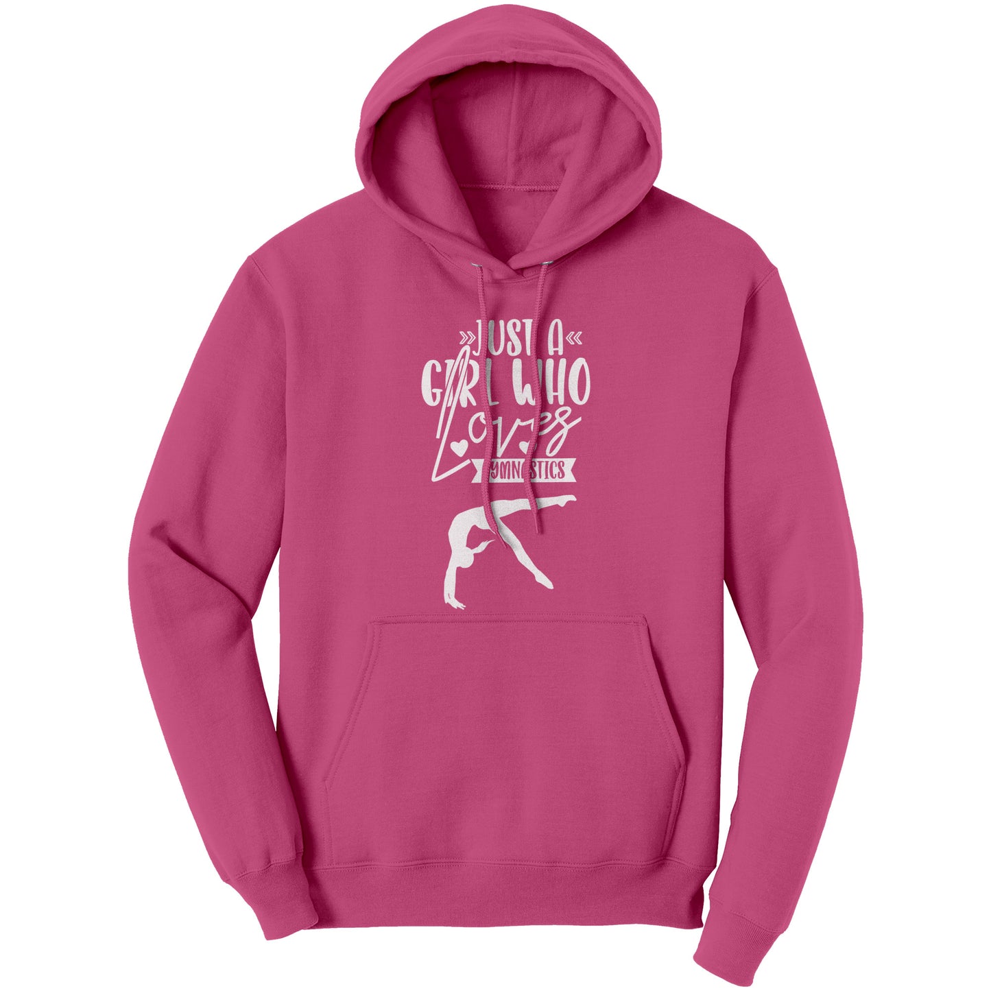 Sangria Colored Just a Girl Who Loves Gymnastics Women's Hoodie, features the phrase, just a girl who loves gymnastics along with two flipping gymnasts in white 