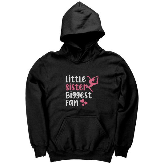 Black Little Sister, Biggest Fan Children's Gymnastics Hoodie. This hoodie says Little Sister Biggest Fan in white and pink letters with a leaping gymnast on the front. 