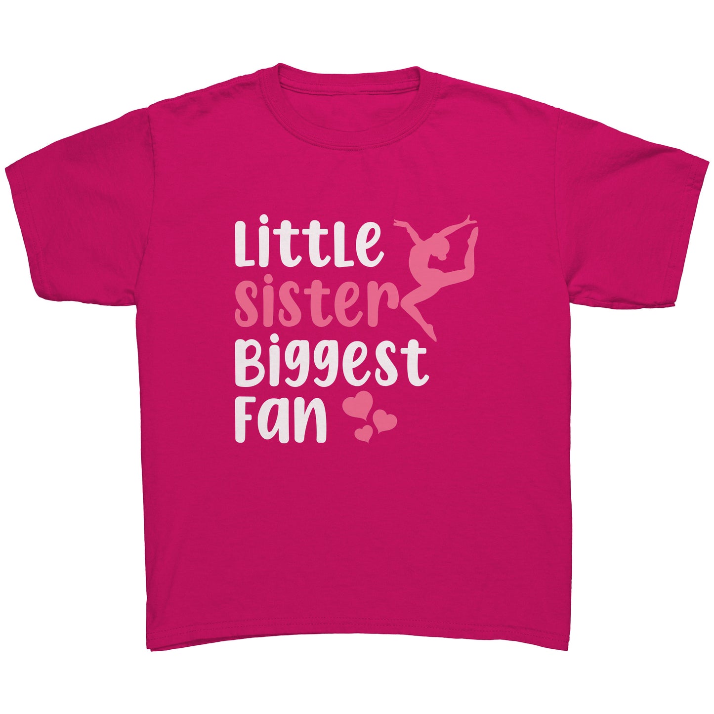 Fuchsia  Little Sister, Biggest Fan Children's Gymnastics T-Shirt. This t-shirt says Little Sister Biggest Fan in white and pink letters with a leaping gymnast on the front. 