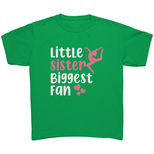 Irish Green Little Sister, Biggest Fan Children's Gymnastics T-Shirt. This t-shirt says Little Sister Biggest Fan in white and pink letters with a leaping gymnast on the front. 