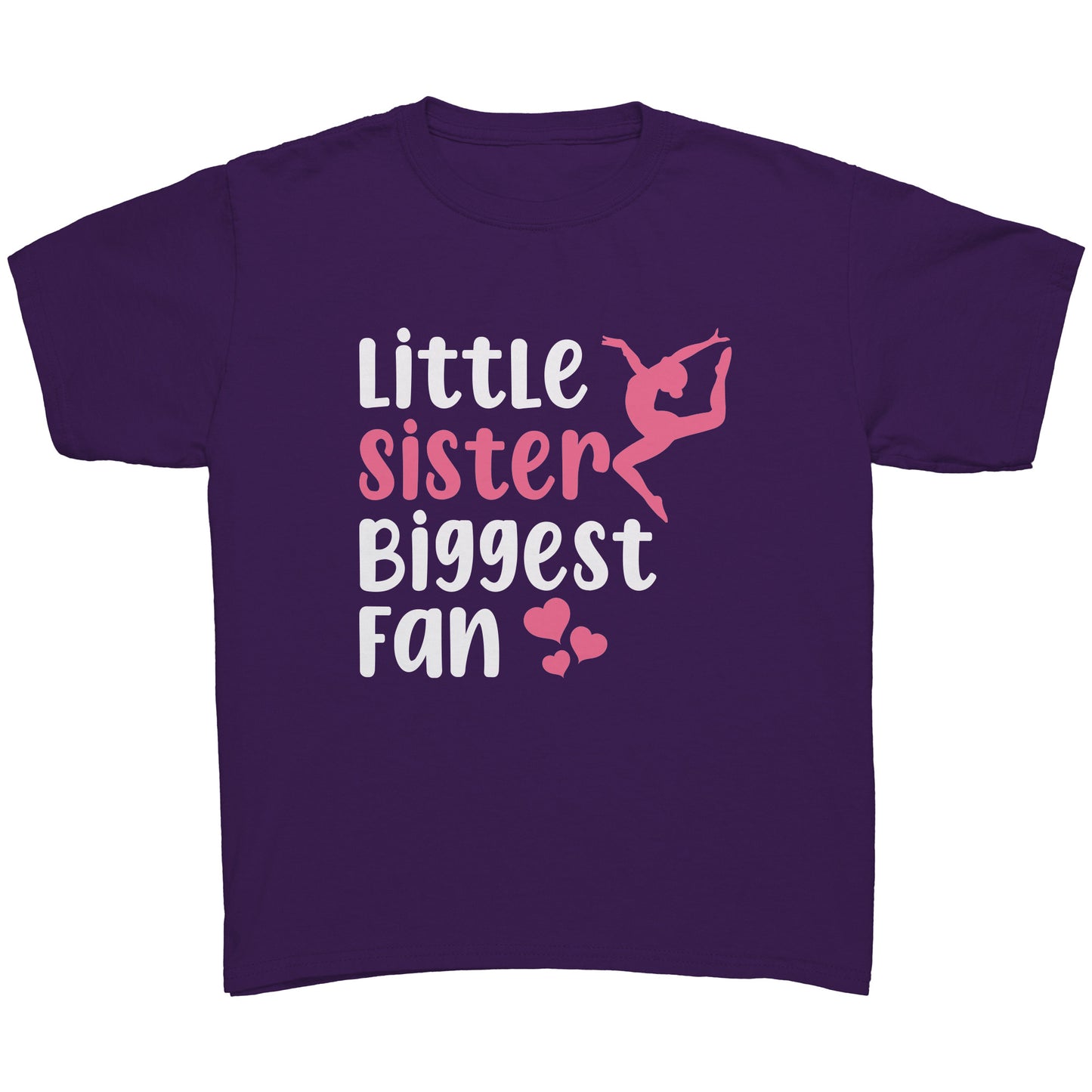 Purple  Little Sister, Biggest Fan Children's Gymnastics T-Shirt. This t-shirt says Little Sister Biggest Fan in white and pink letters with a leaping gymnast on the front. 