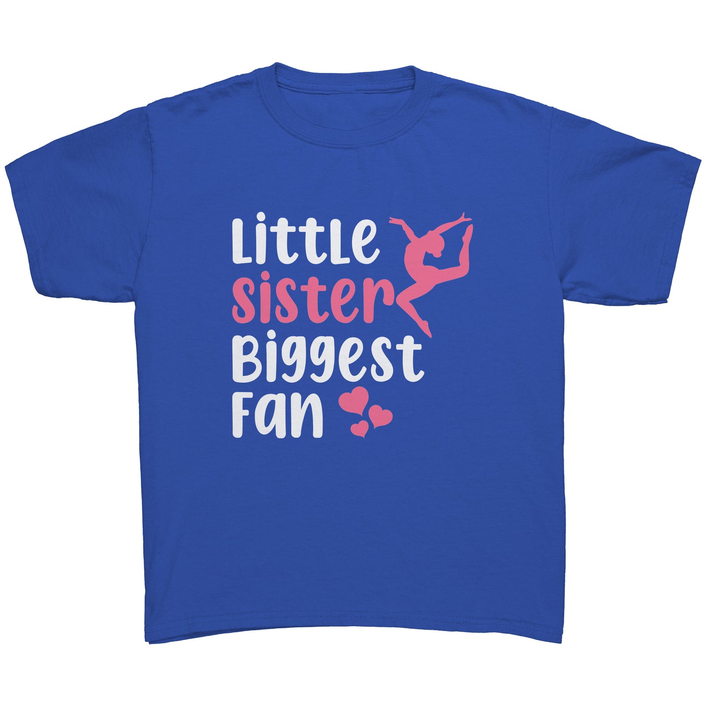 Royal  Little Sister, Biggest Fan Children's Gymnastics T-Shirt. This t-shirt says Little Sister Biggest Fan in white and pink letters with a leaping gymnast on the front. 