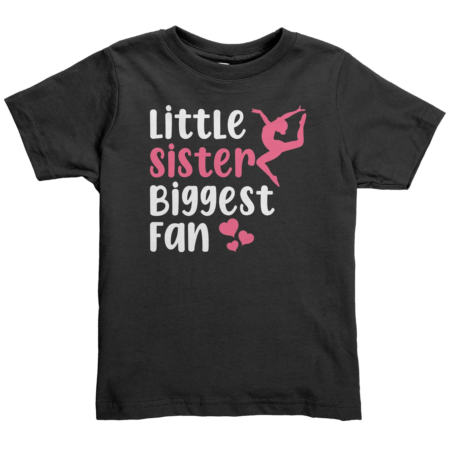 Black Little Sister, Biggest Fan Toddler Gymnastics T-Shirt. This t-shirt says Little Sister Biggest Fan in white and pink letters with a leaping gymnast on the front. 