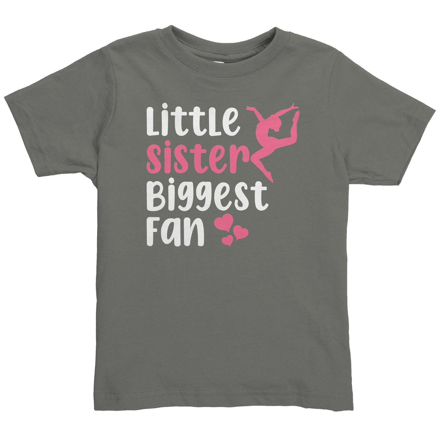 Charcoal Little Sister, Biggest Fan Toddler Gymnastics T-Shirt. This t-shirt says Little Sister Biggest Fan in white and pink letters with a leaping gymnast on the front. 