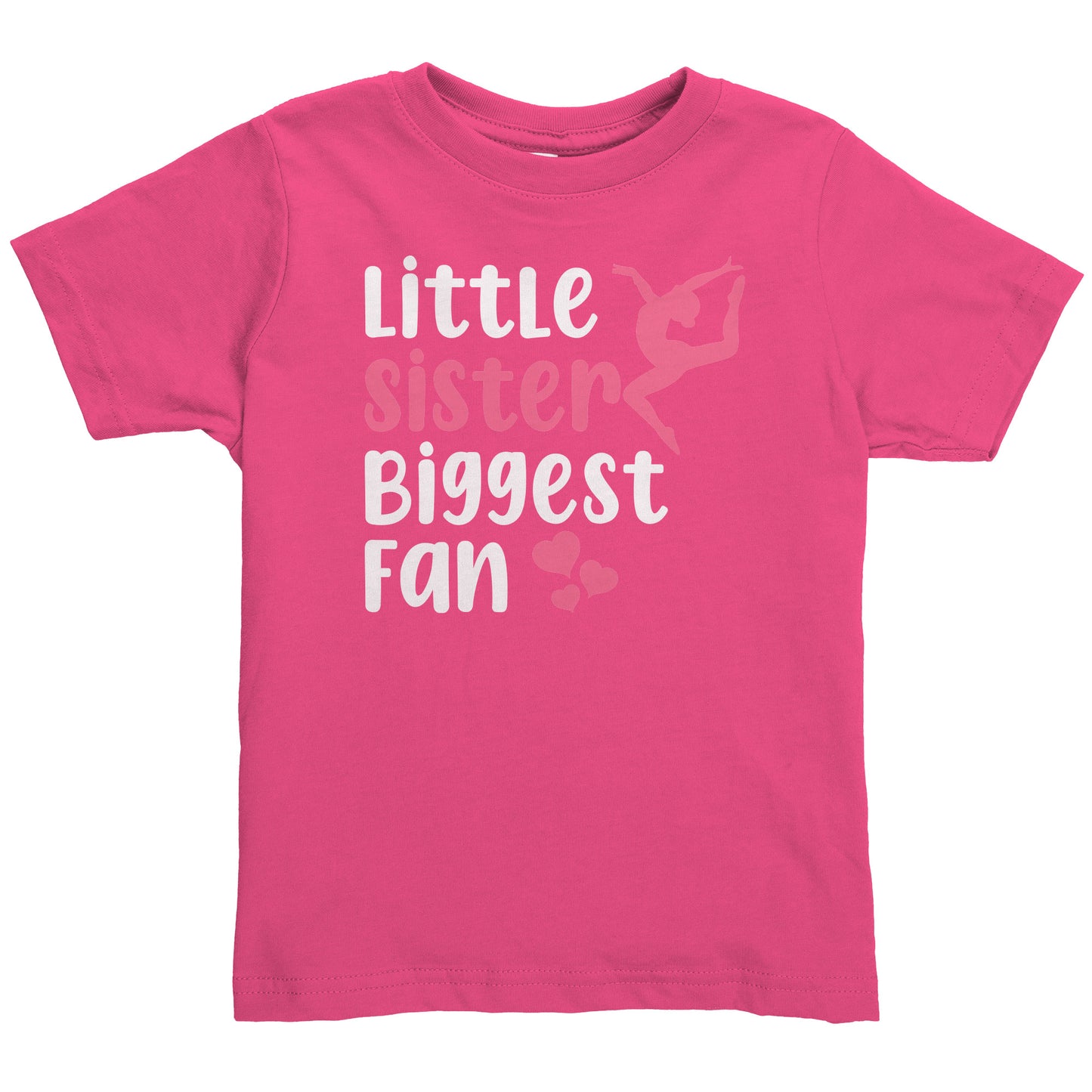 Hot Pink Little Sister, Biggest Fan Toddler Gymnastics T-Shirt. This t-shirt says Little Sister Biggest Fan in white and pink letters with a leaping gymnast on the front. 