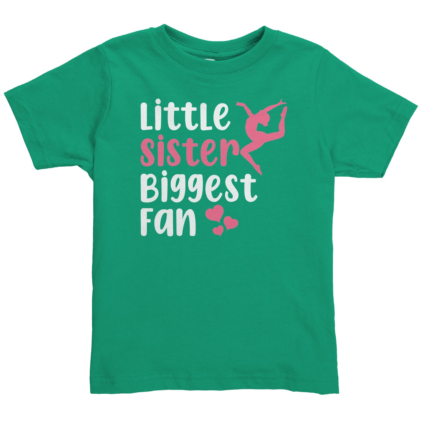 Irish green Little Sister, Biggest Fan Toddler Gymnastics T-Shirt. This t-shirt says Little Sister Biggest Fan in white and pink letters with a leaping gymnast on the front. 