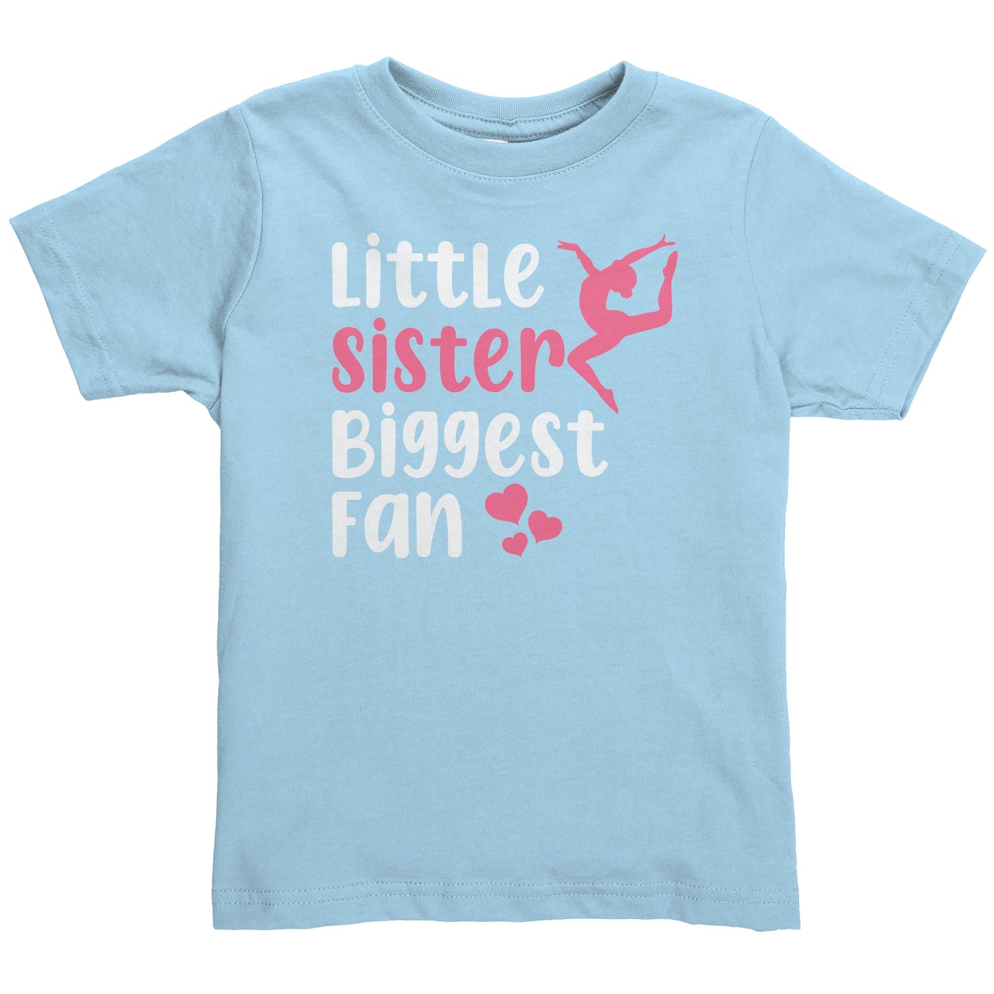 Light Blue Little Sister, Biggest Fan Toddler Gymnastics T-Shirt. This t-shirt says Little Sister Biggest Fan in white and pink letters with a leaping gymnast on the front. 