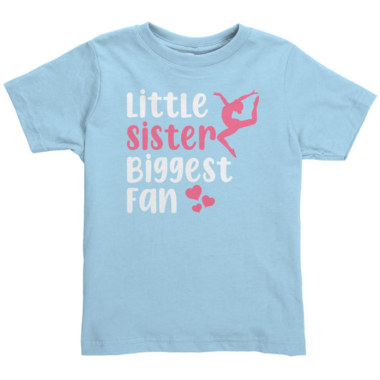 Light Blue Little Sister, Biggest Fan Toddler Gymnastics T-Shirt. This t-shirt says Little Sister Biggest Fan in white and pink letters with a leaping gymnast on the front. 