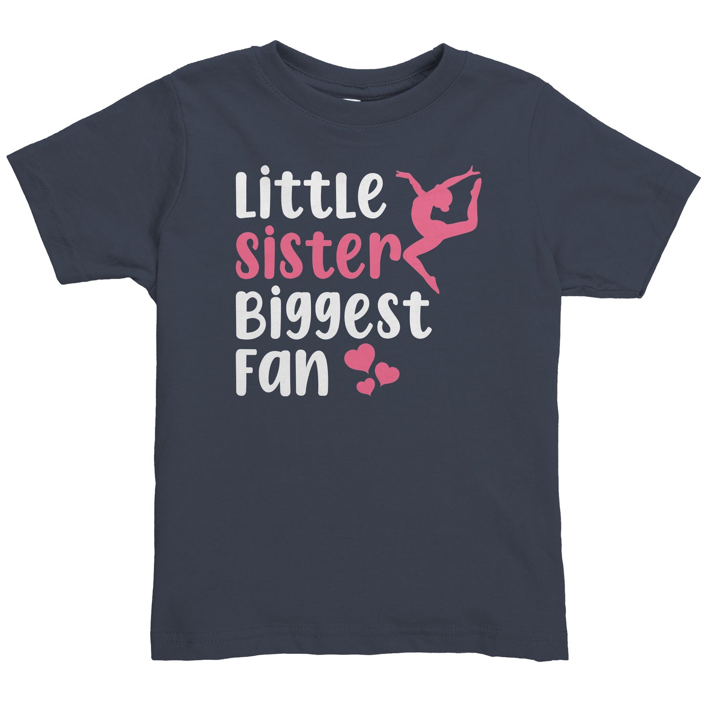 Navy Little Sister, Biggest Fan Toddler Gymnastics T-Shirt. This t-shirt says Little Sister Biggest Fan in white and pink letters with a leaping gymnast on the front. 