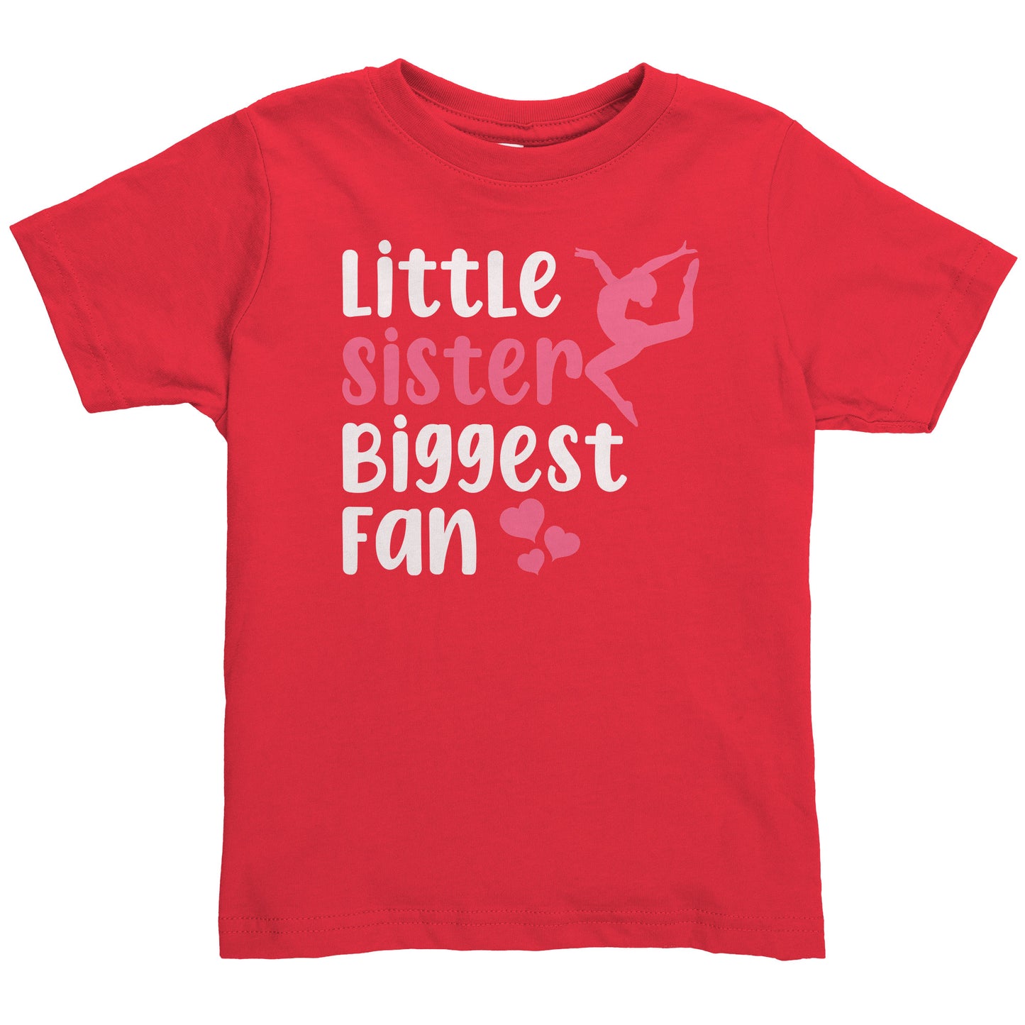 Red Little Sister, Biggest Fan Toddler Gymnastics T-Shirt. This t-shirt says Little Sister Biggest Fan in white and pink letters with a leaping gymnast on the front. 