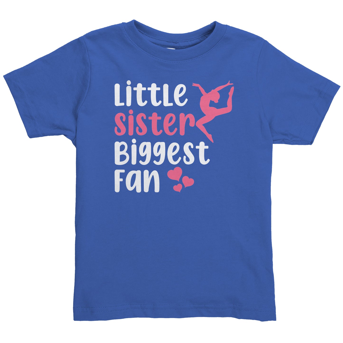 Royal Little Sister, Biggest Fan Toddler Gymnastics T-Shirt. This t-shirt says Little Sister Biggest Fan in white and pink letters with a leaping gymnast on the front. 