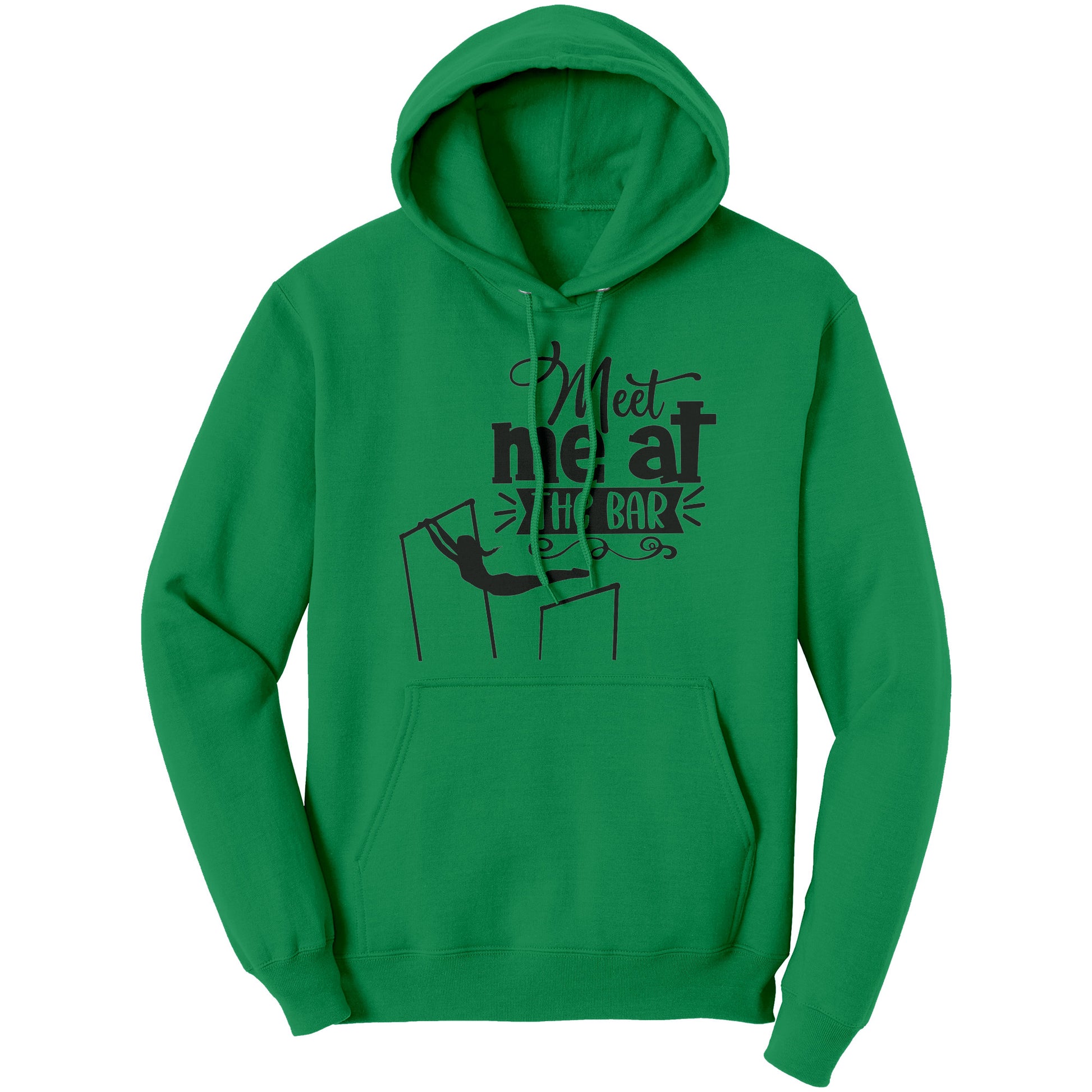 Irish Green  Colored "Meet Me at the Bar" Women's Gymnastics Hoodie featuring an artistic depiction of a gymnast on the uneven bars