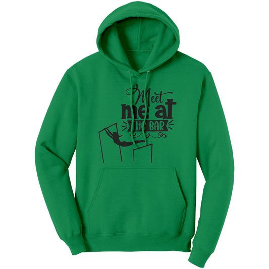 Irish Green  Colored "Meet Me at the Bar" Women's Gymnastics Hoodie featuring an artistic depiction of a gymnast on the uneven bars