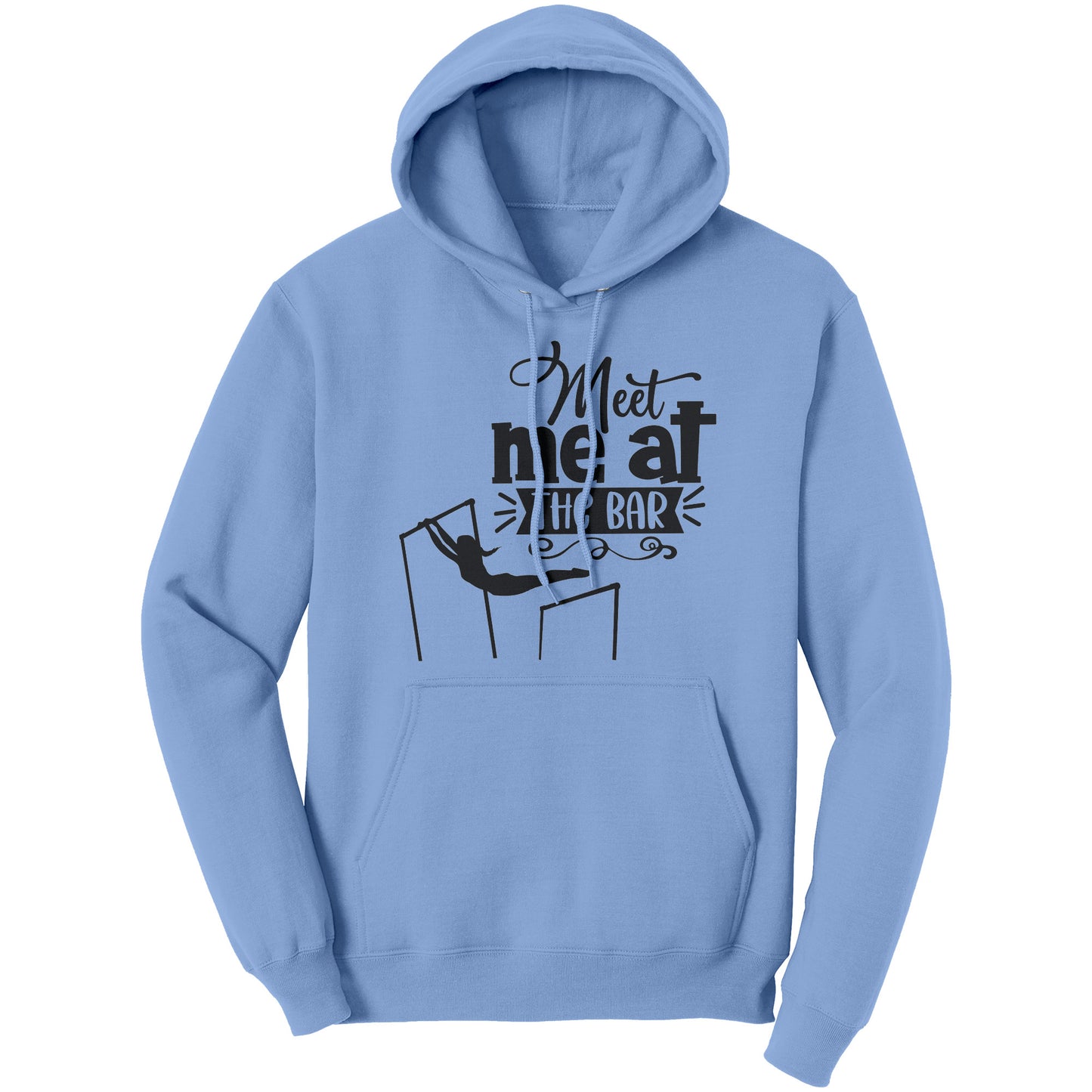 Light Blue  Colored "Meet Me at the Bar" Women's Gymnastics Hoodie featuring an artistic depiction of a gymnast on the uneven bars