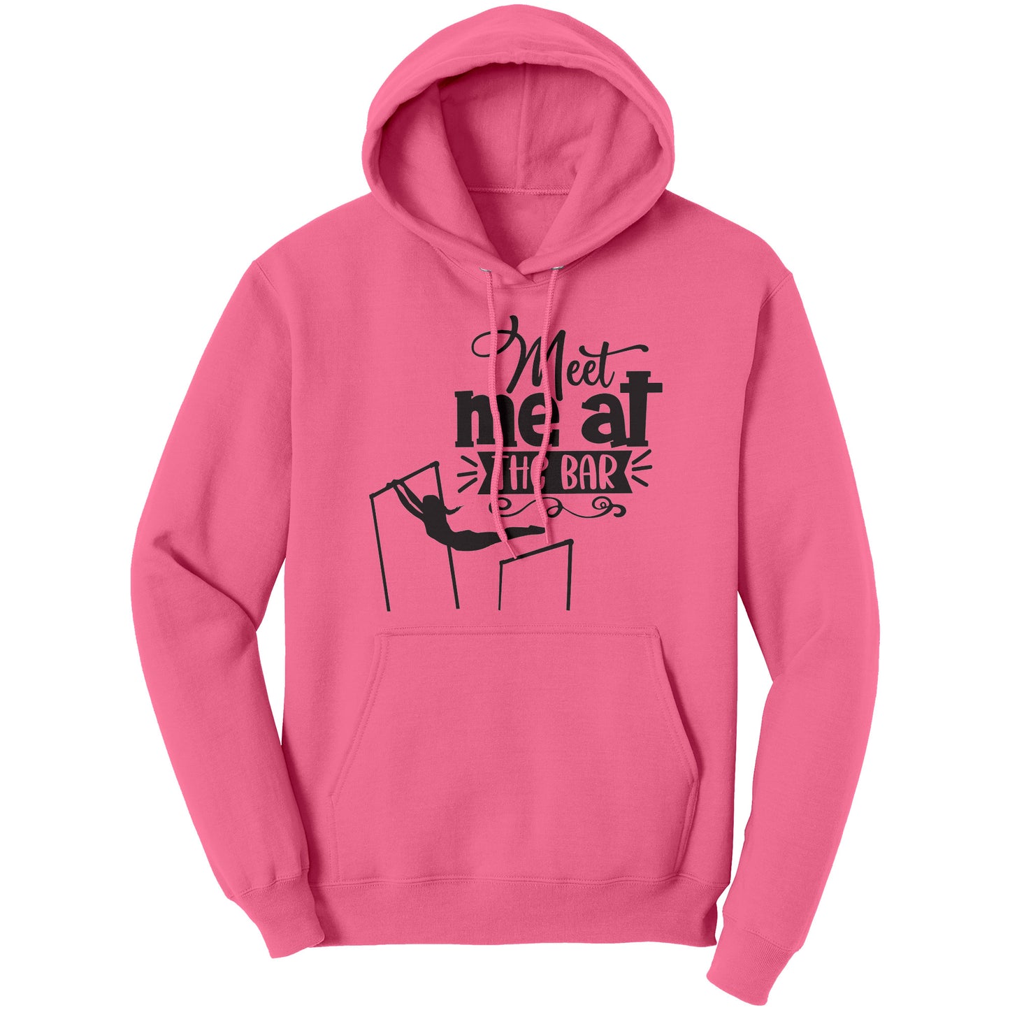 Neon Pink  Colored "Meet Me at the Bar" Women's Gymnastics Hoodie featuring an artistic depiction of a gymnast on the uneven bars