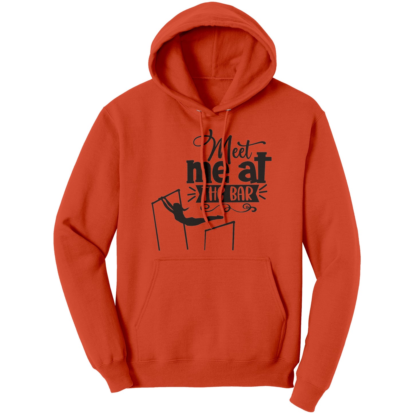 Orange  Colored "Meet Me at the Bar" Women's Gymnastics Hoodie featuring an artistic depiction of a gymnast on the uneven bars