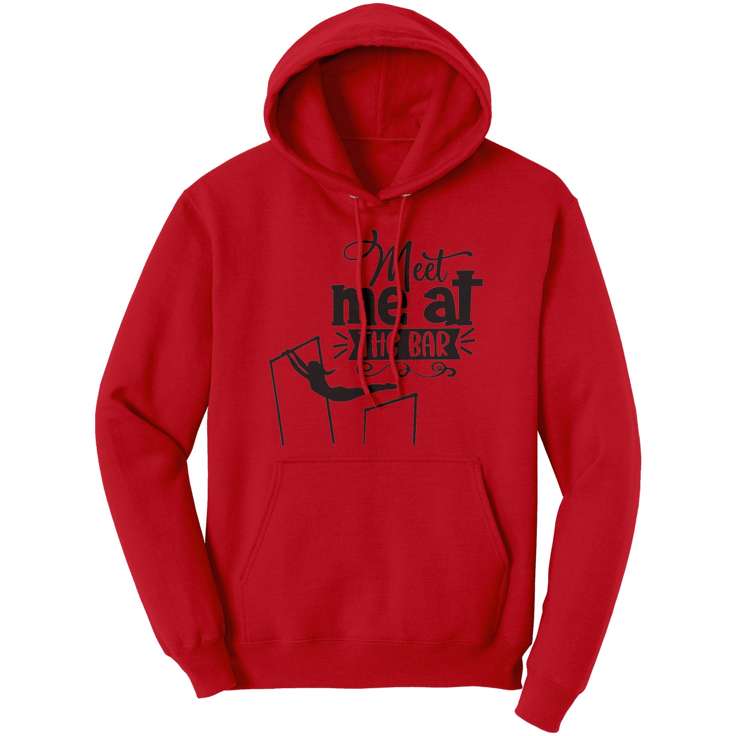 Red  Colored "Meet Me at the Bar" Women's Gymnastics Hoodie featuring an artistic depiction of a gymnast on the uneven bars
